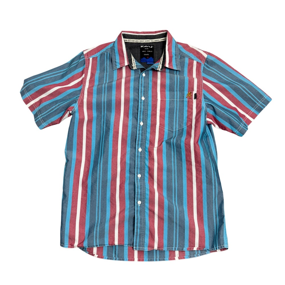 KAVU‎ Sasquatch Bigfoot Embroidered Stripe Button Up Shirt Mens Medium Blue Red
